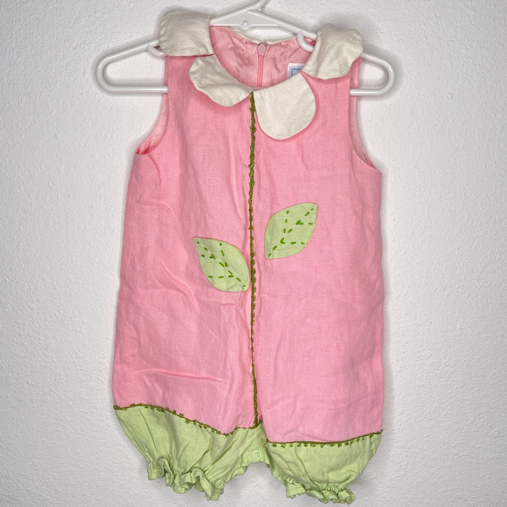 Pink linen flower bubble romper girls Sz 24 mo cottontail originals